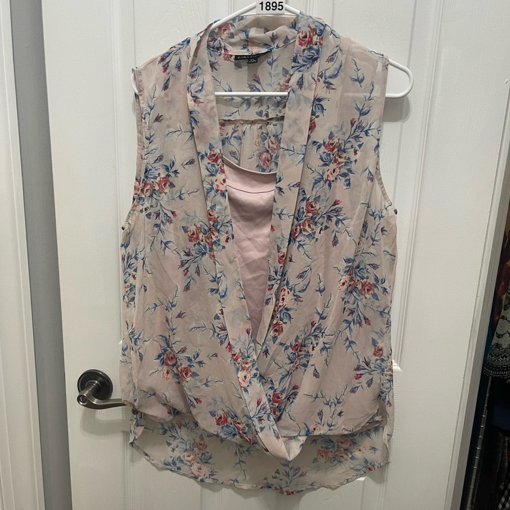 Sara Michelle Floral Drape Blouse - Cream and Blue - Picture 2 of 14